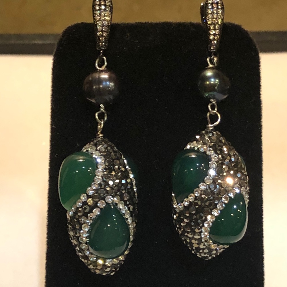 Green Jade, Black Pearl, & Marcasite Earrings - Picture 1 of 5